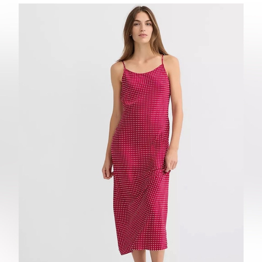 LOFT Red Polka Dot Satin Slip Midi Dress